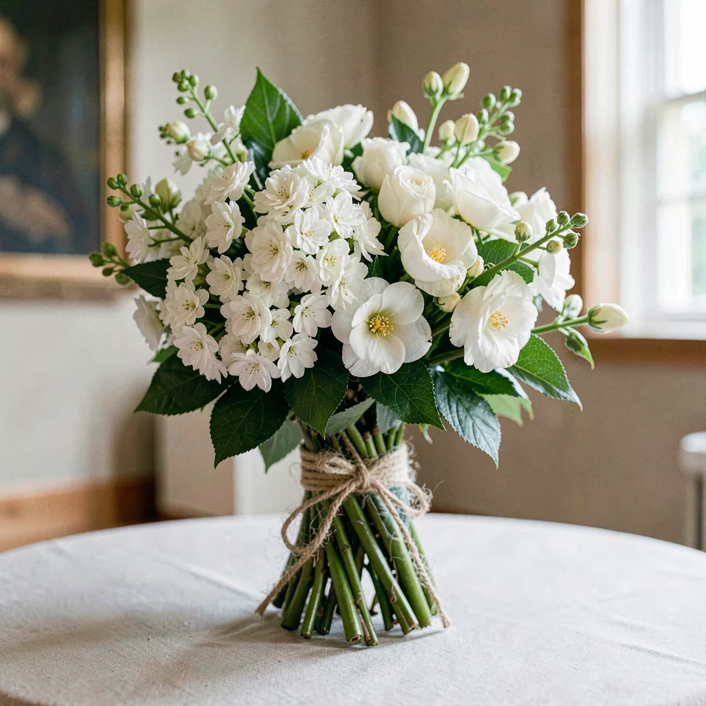 Botanical of a bouquet of jasmine and gardenia tied with twine, museum daylight