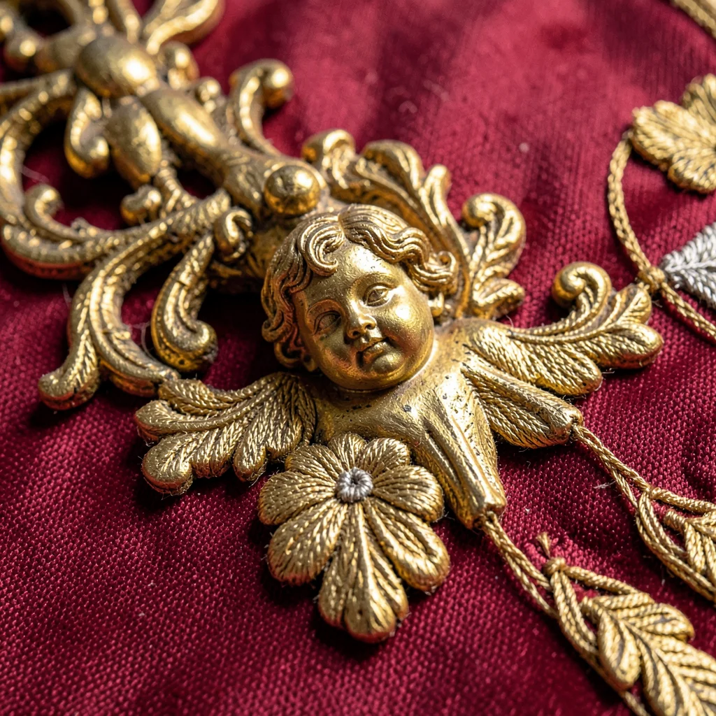 Baroque ornament fragment, Moravian gilt detail, Vestment embroidery close-up, g