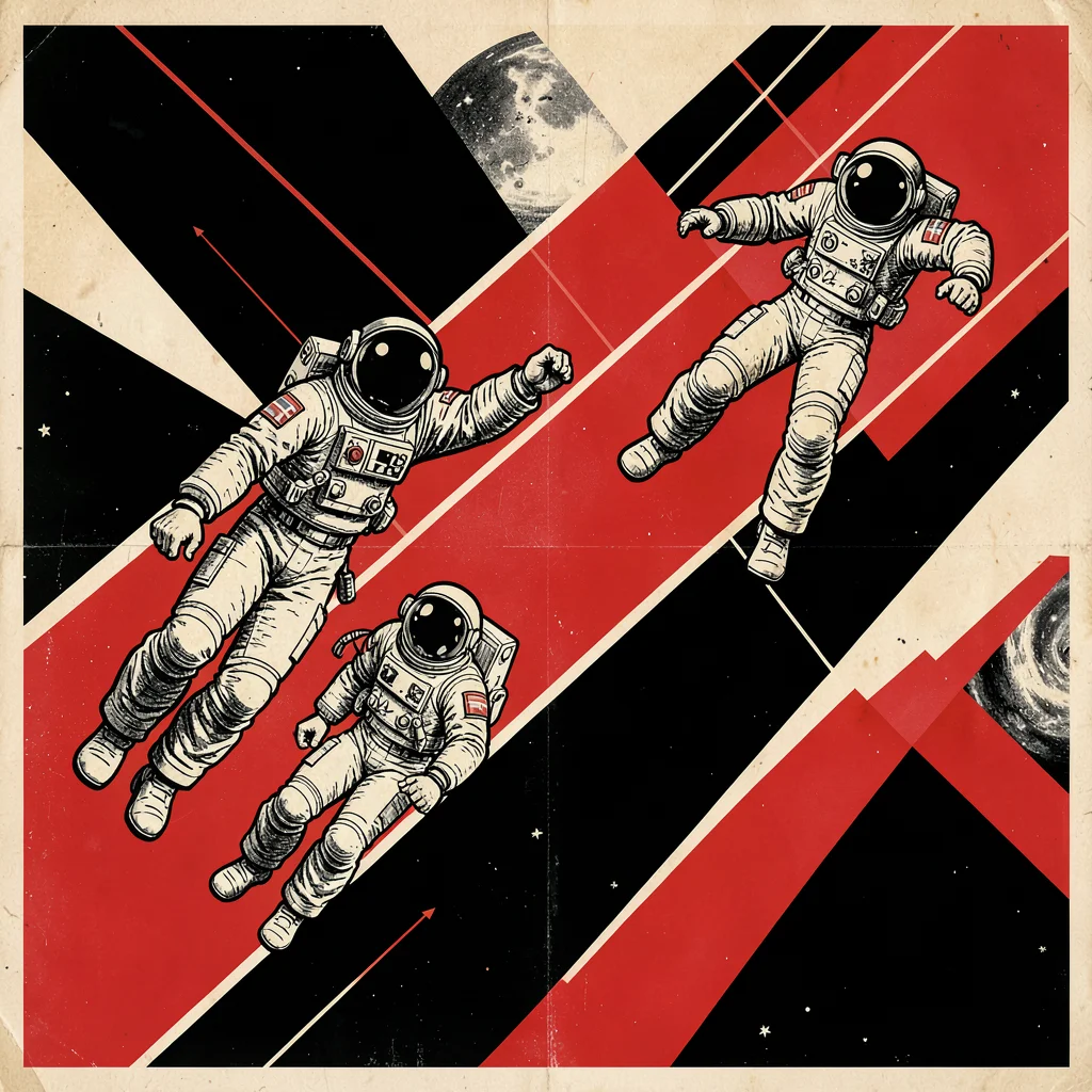 Soviet constructivist poster illustration, cosmonauts floating in geometric spac