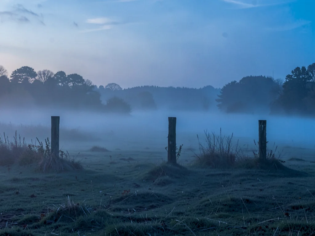 Vineyard posts emerging as rhythm from fog surface