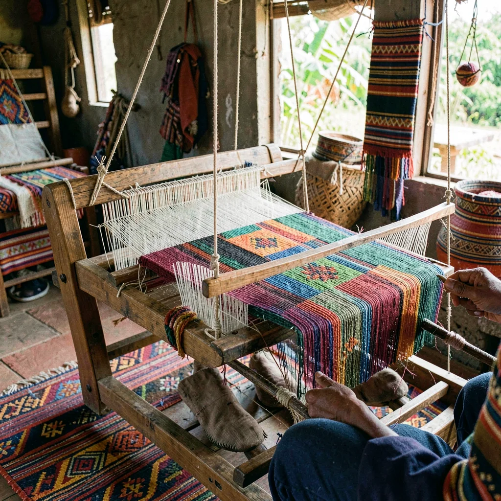 Kumasi kente weaving process, strip loom geometry, Weaver feet on pedals beneath