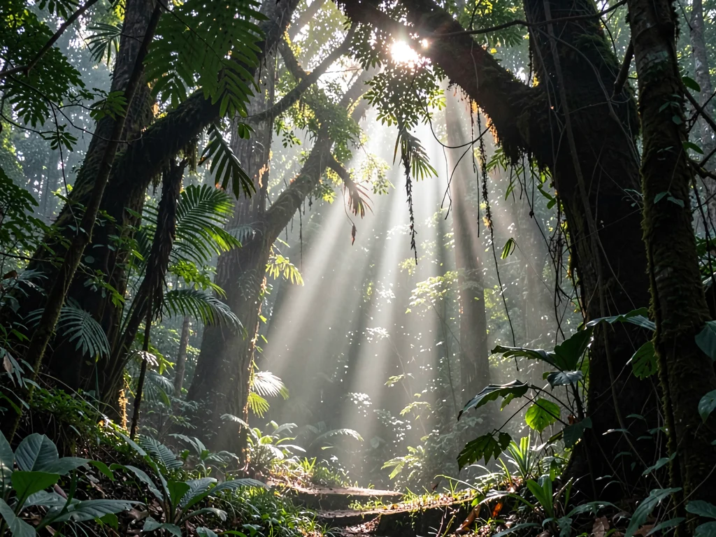 Morning light beam through mist-filled understory