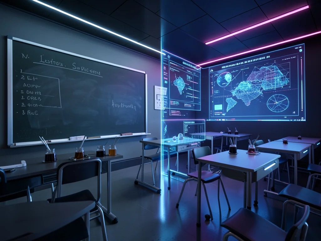 Classroom — left half chalkboard and inkwells, right half holographic displays