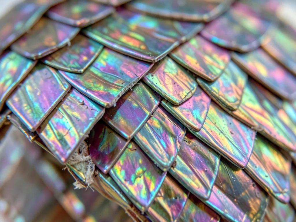 Butterfly scale arrangement macro, overlapping shingle-like scales creating irid