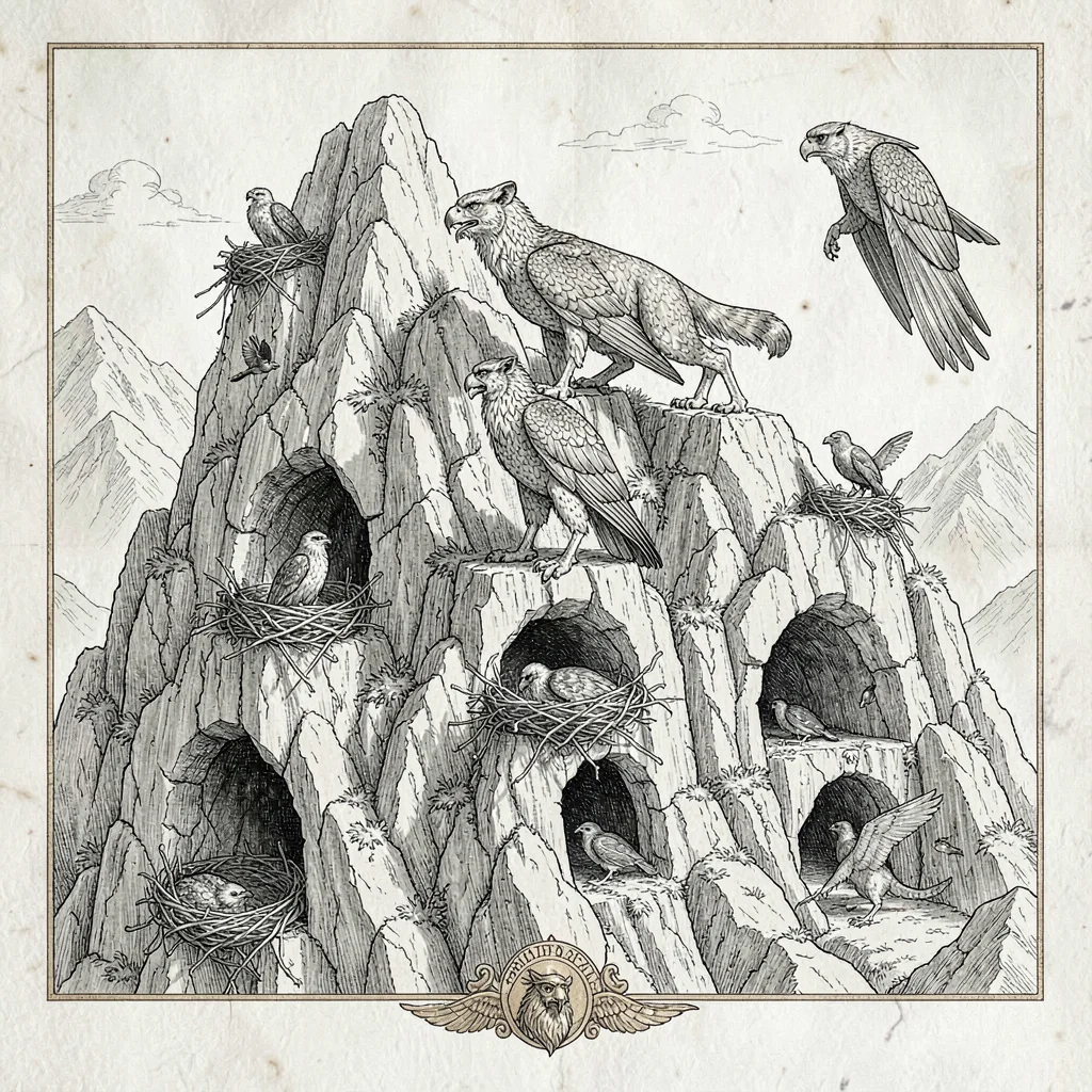 A Greek mythological griffin-aerie plan high in mountain crags with eyrie nests,
