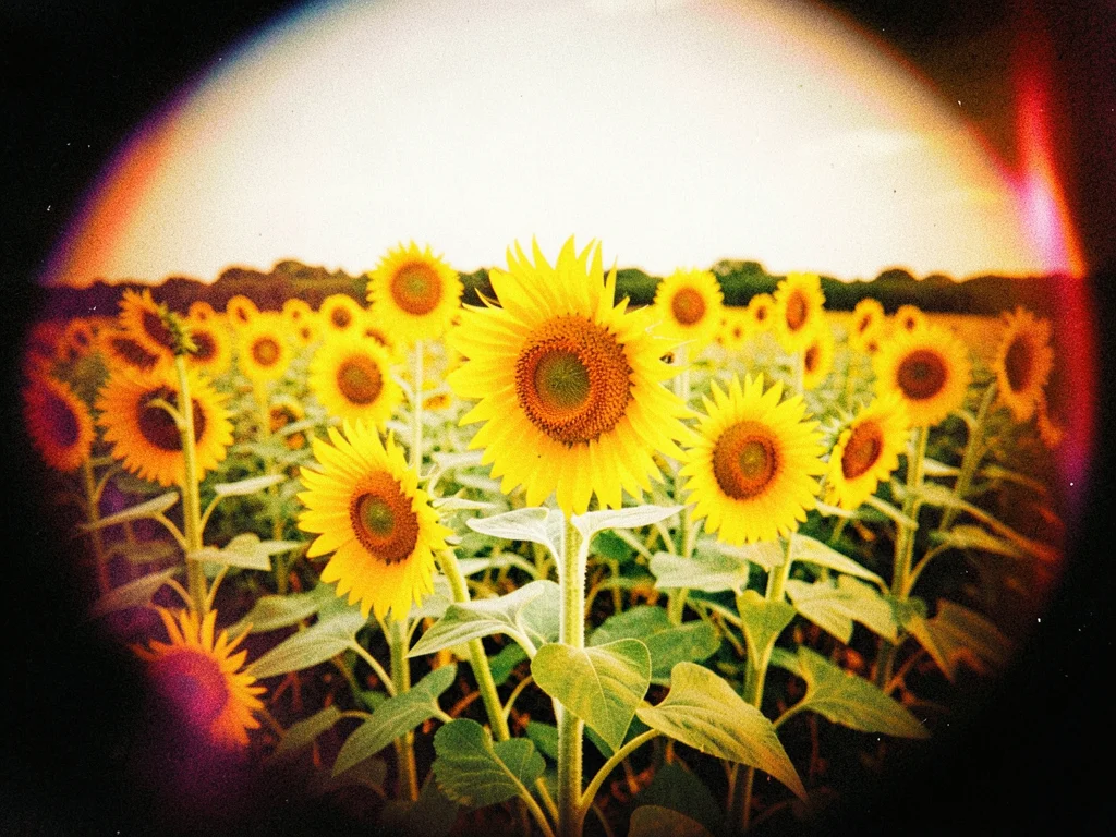 Sunflowers in a field, edges dissolved into dark vignette, the yellow super-satu