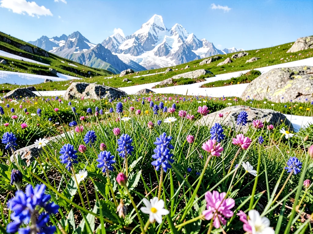 Meadow with lingering snow and peaks