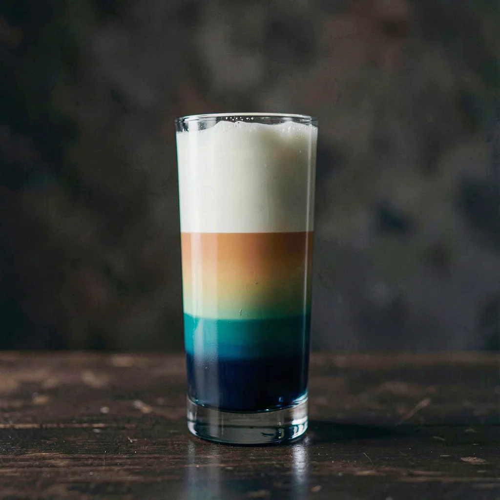Vertical moody scene of a tall highball with stratified color layers
