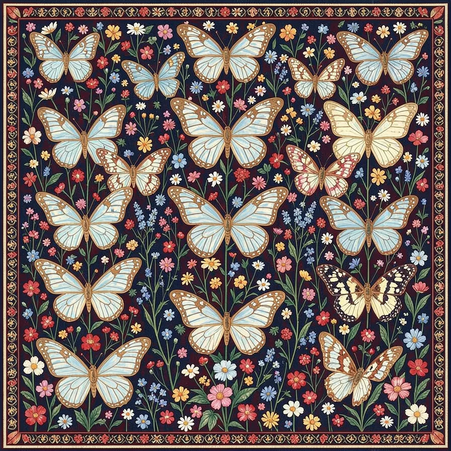 Butterfly Garden on Dark Red Millefleur