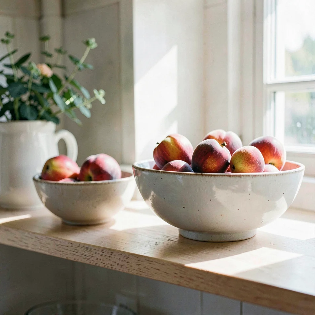 Vertical of a sunny pantry shelf with bowls of fresh stone fruit