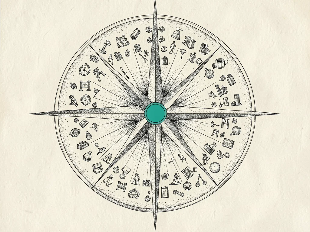 Ornate compass-rose-style diagram with rays radiating outward into clusters of s