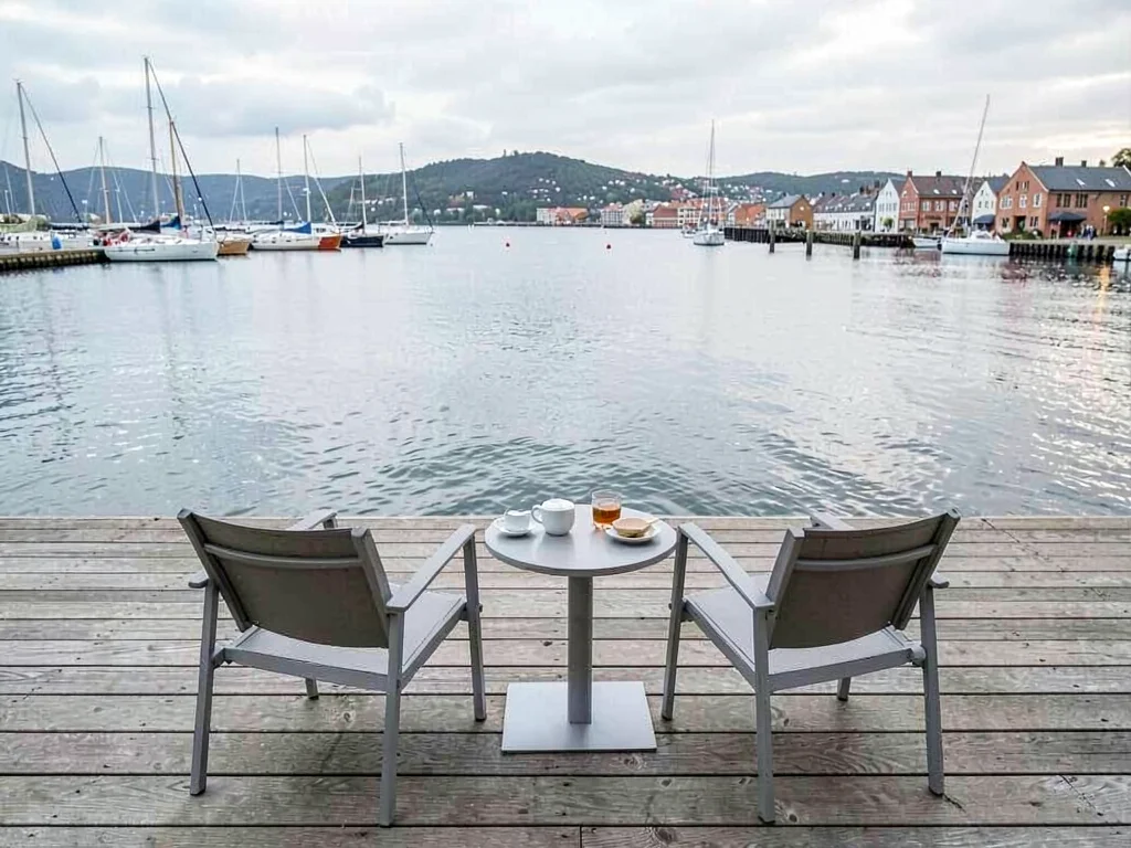 Comfortable grey harbor light in Gothenburg, Sweden, a wooden deck overlooking G