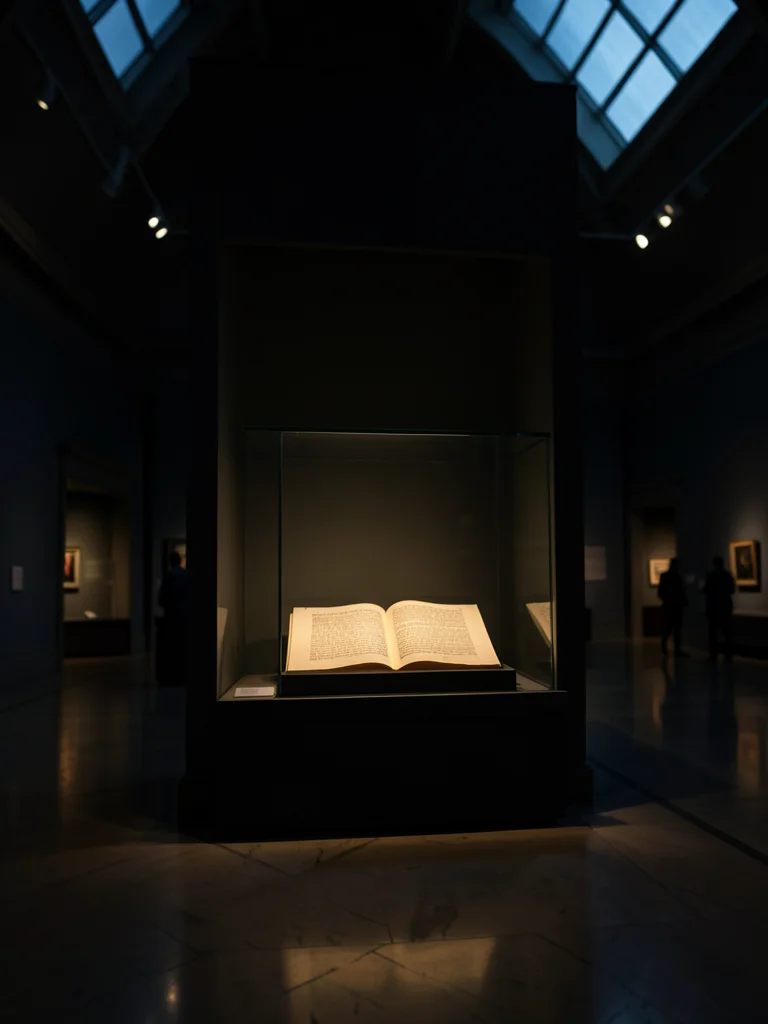 An alcove in a museum with a single illuminated manuscript in a glass case, the 