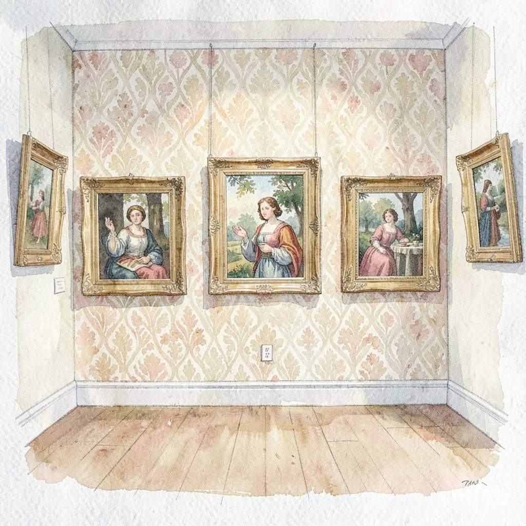 Loose watercolor of a small period gallery with framed paintings on patterned wa