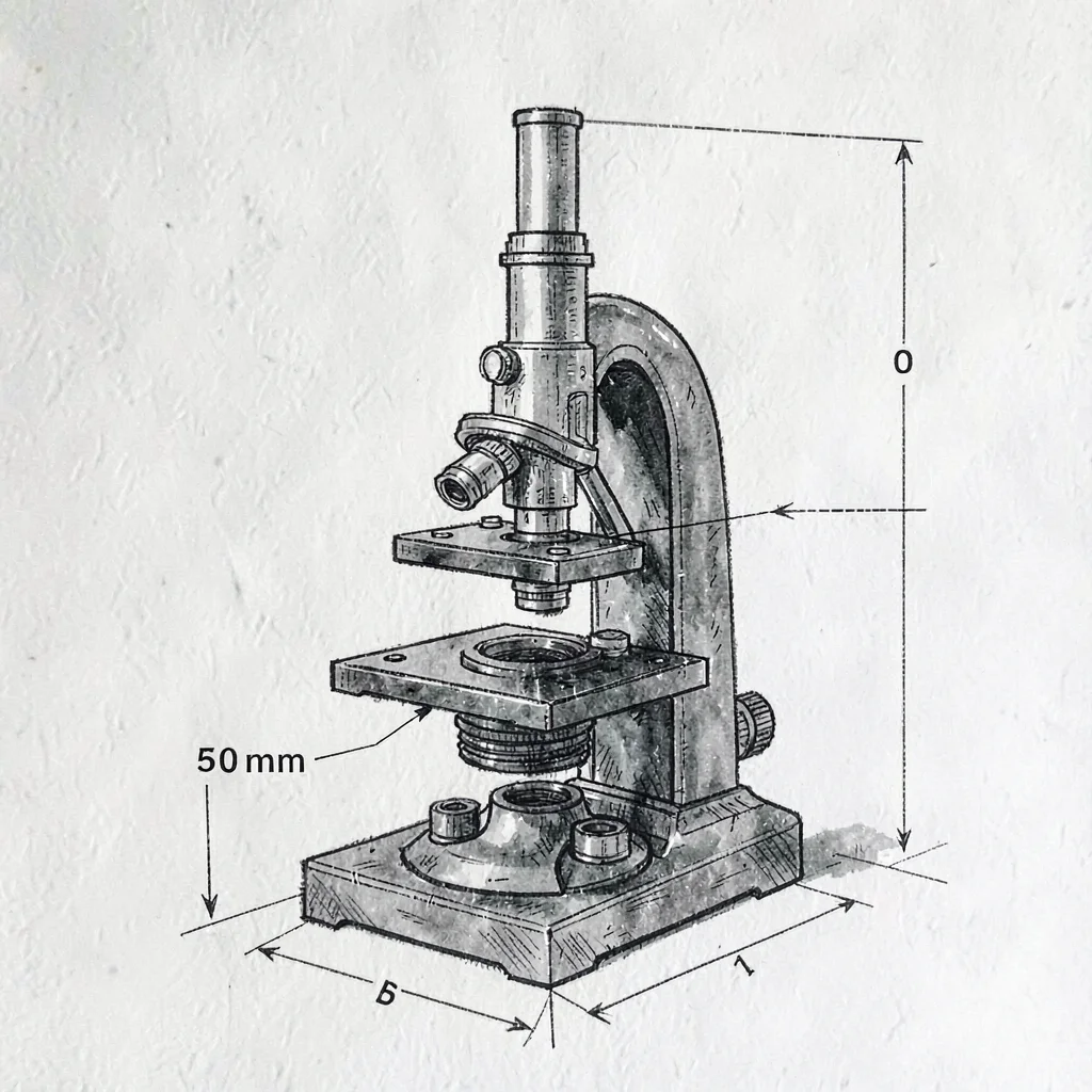Cutaway diagram of a microscope tower labelled with dimensional arrows, slate in