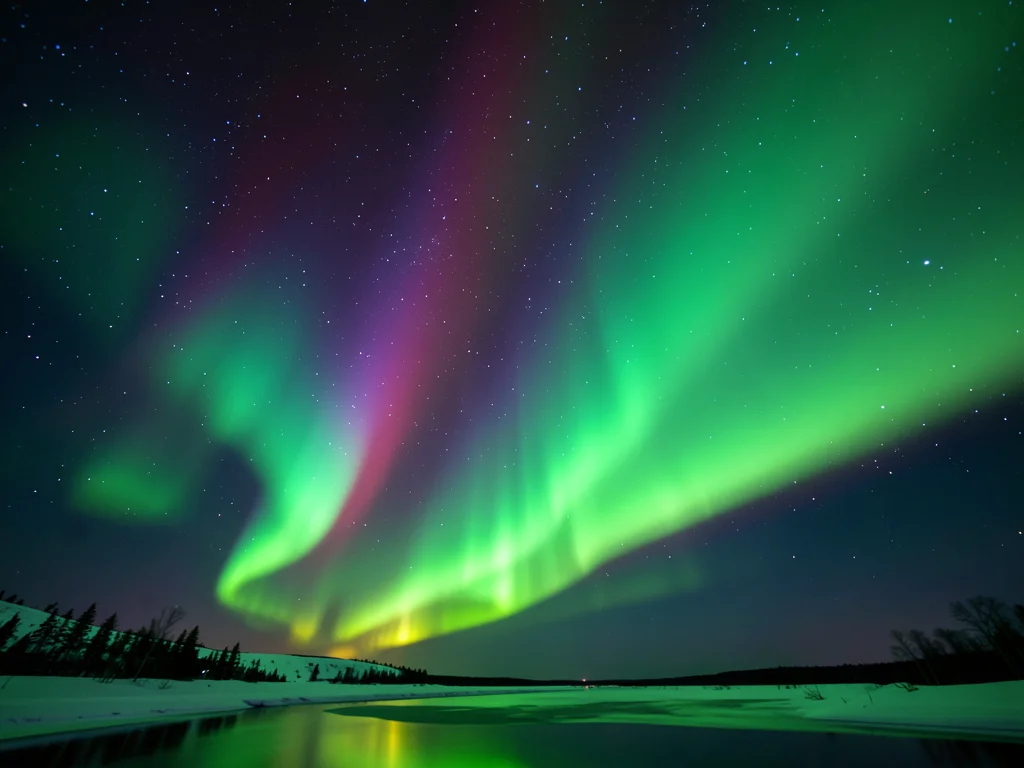 Intense aurora storm filling entire sky, green base with purple-red upper extens