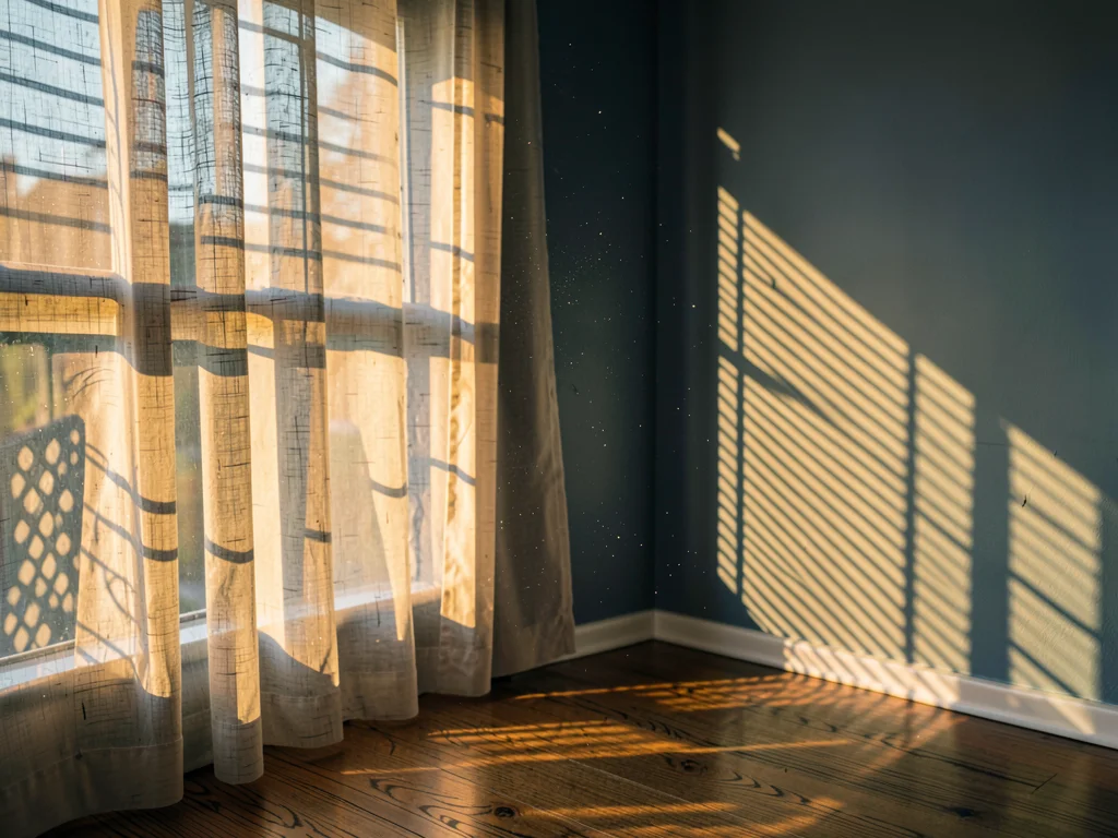 Shadow grid stripes on pale oak floor