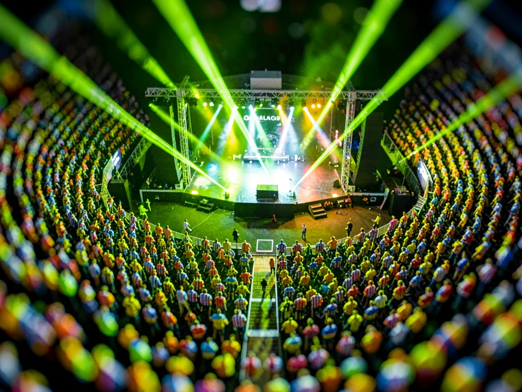 Grandstand tilt-shift photograph of an open-air concert, saturated chartreuse st