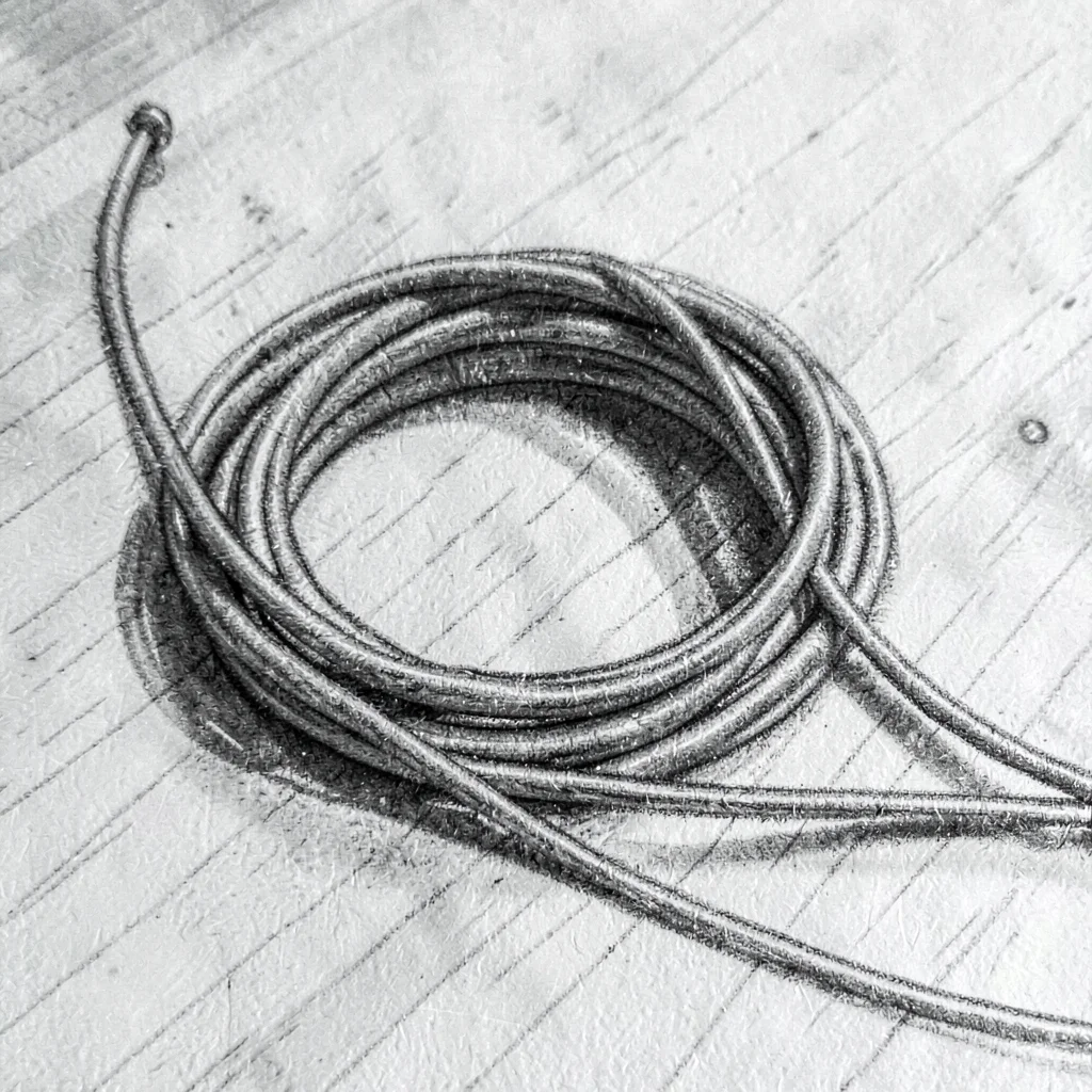 Charcoal study of a single coil of catgut string on a wooden surface