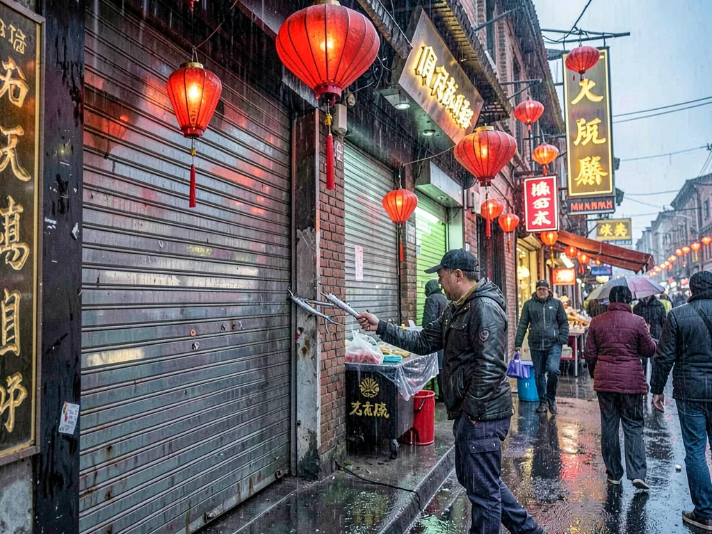 Fish seller closing metal shutters in Chinatown rain, red lanterns and gold rest