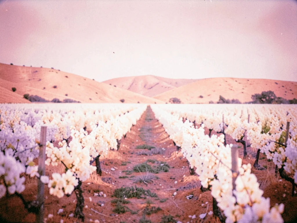 Vineyard rows in mid-summer glowing white against the dusty pink hills behind th