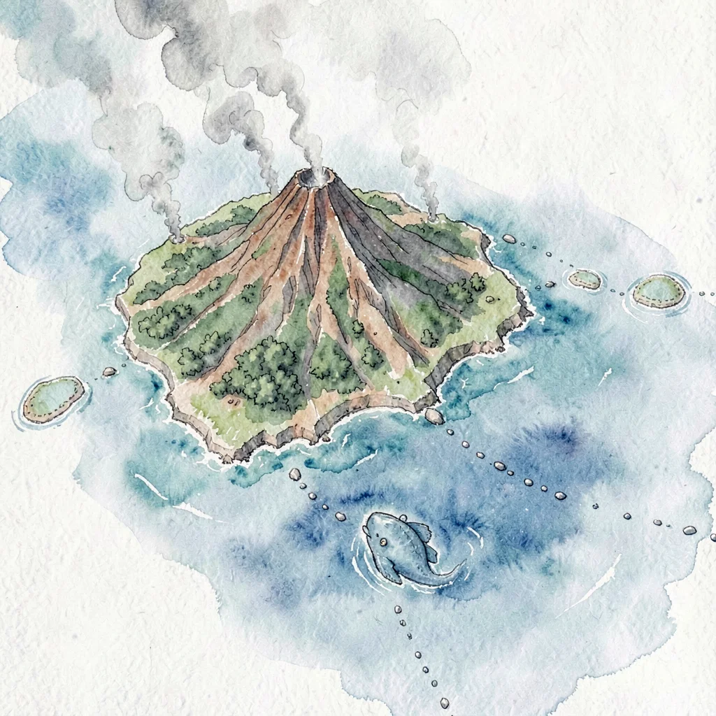 An island archipelago drawn from a high oblique angle with a single volcanic pea