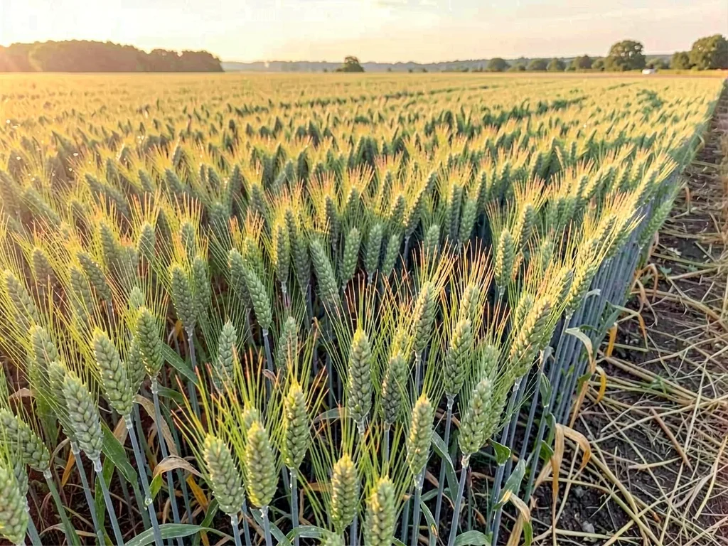 Young wheat as emerald wave across field