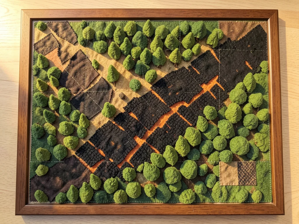 A wildfire scar on a landscape — charred black felt patches amid green cotton fo