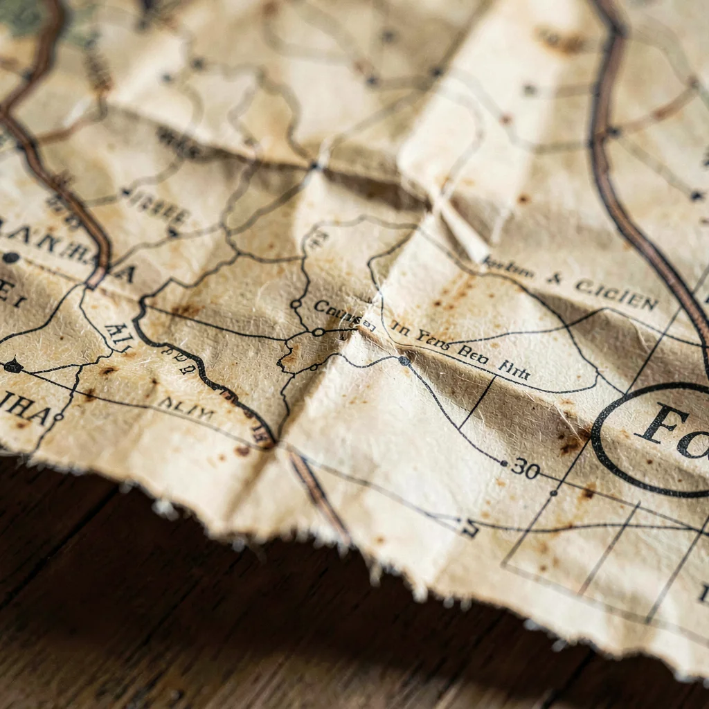 Macro of a folded antique map with crease shadows and faded sepia tones, edges f