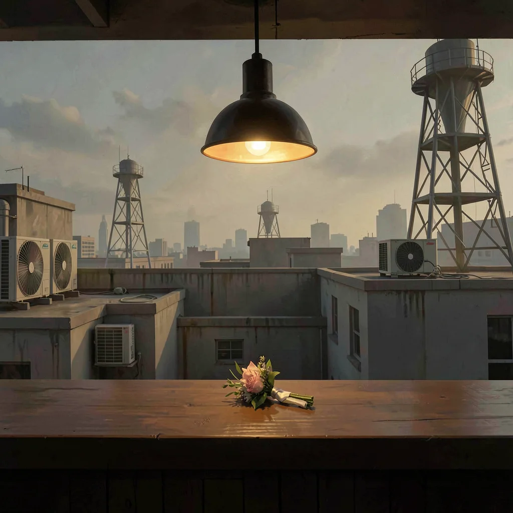 Ambient ig-teaser of a single boutonniere on a wooden counter under a low pendan