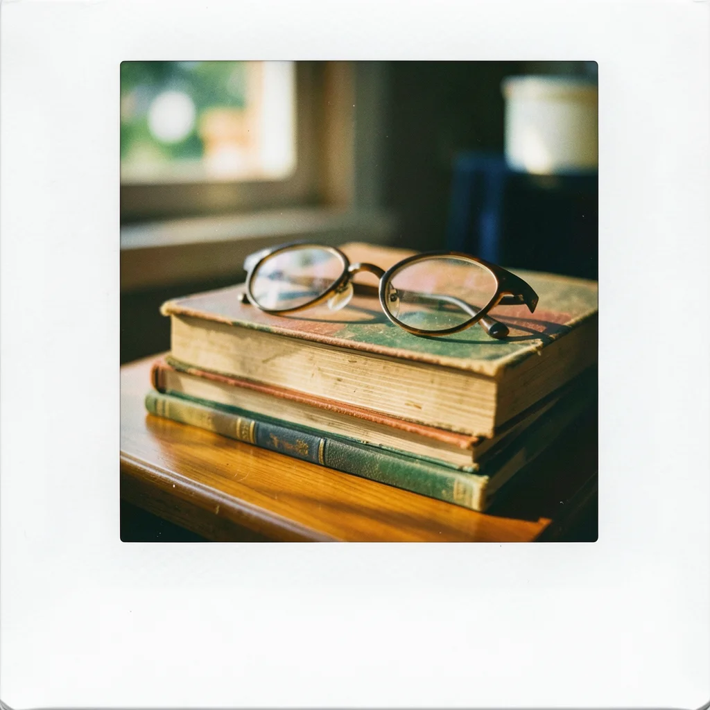 A stack of old books with a pair of reading glasses on top, afternoon light, sli