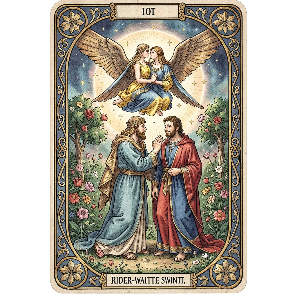 Tarot card illustration, The Lovers beneath angel, man and woman in garden , sym
