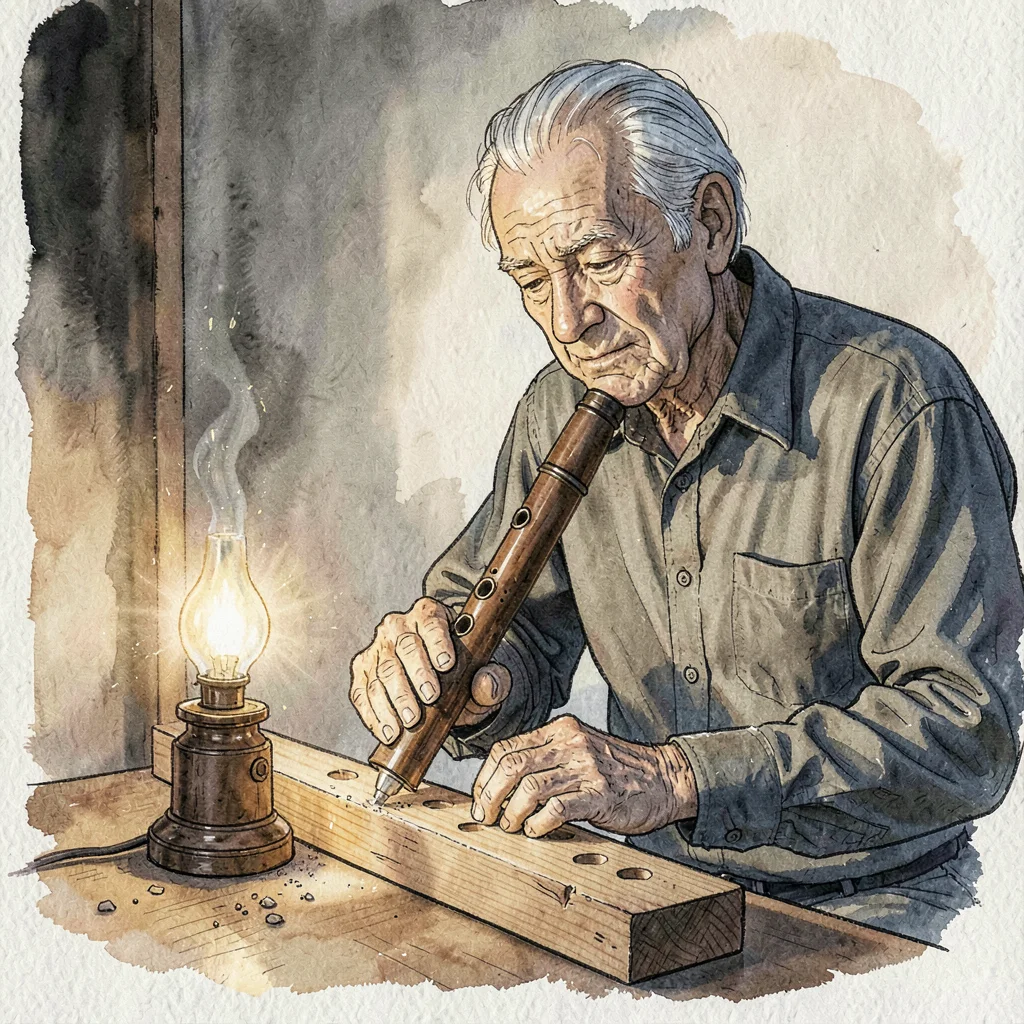 A gentle Black flute-maker in his sixties drilling tone holes in pearwood, lamp 