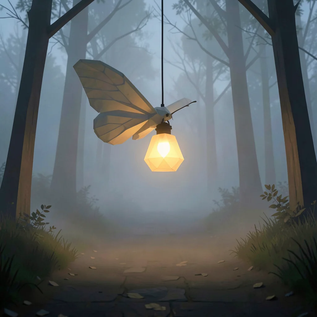 Pale faceted moth circling lazily around a glowing amber lamp suspended in a fog