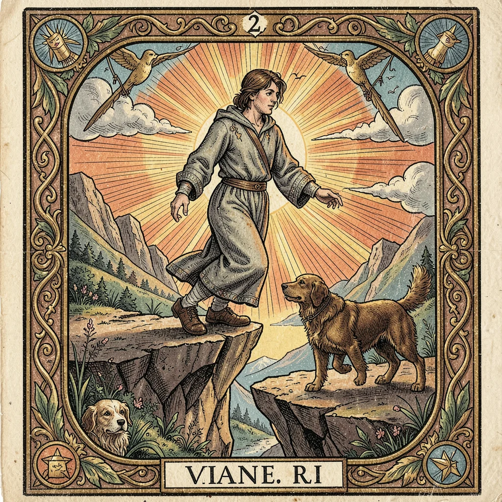 Tarot card illustration, The Fool stepping off cliff edge, dog at heels, sun ris