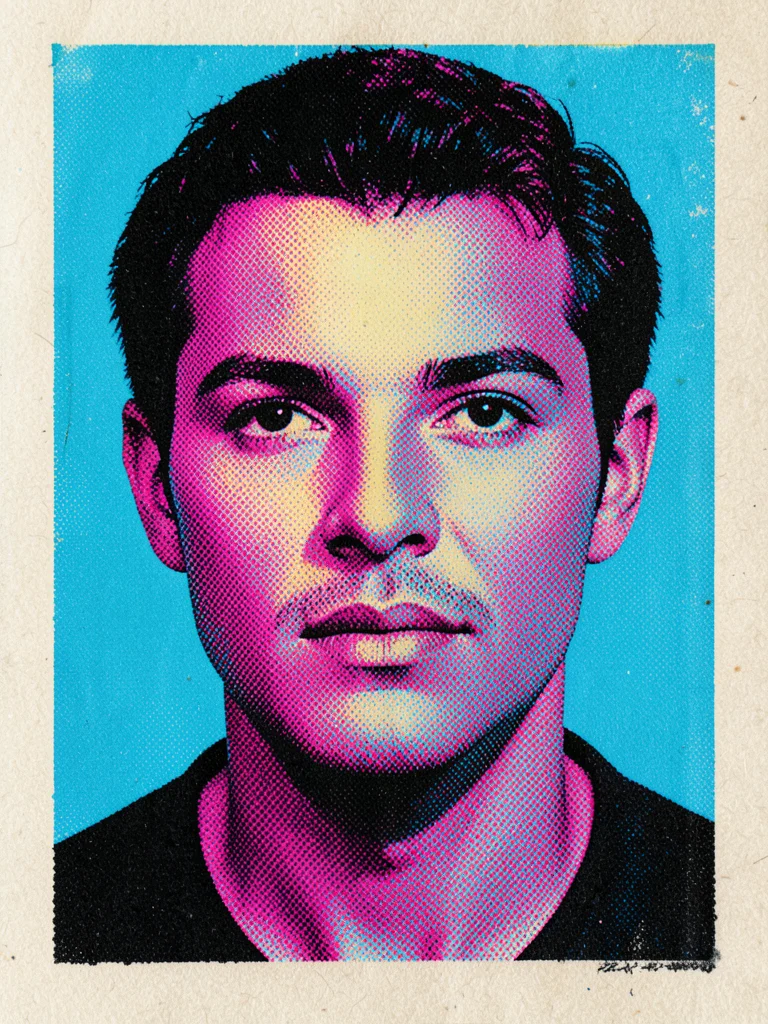 Large Ben-Day dot halftone portrait on kraft paper, magenta and cyan dots creati