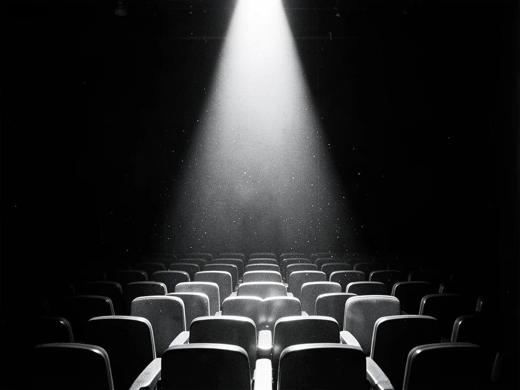 Empty theater seats receding into darkness, a single spotlight illuminating dust