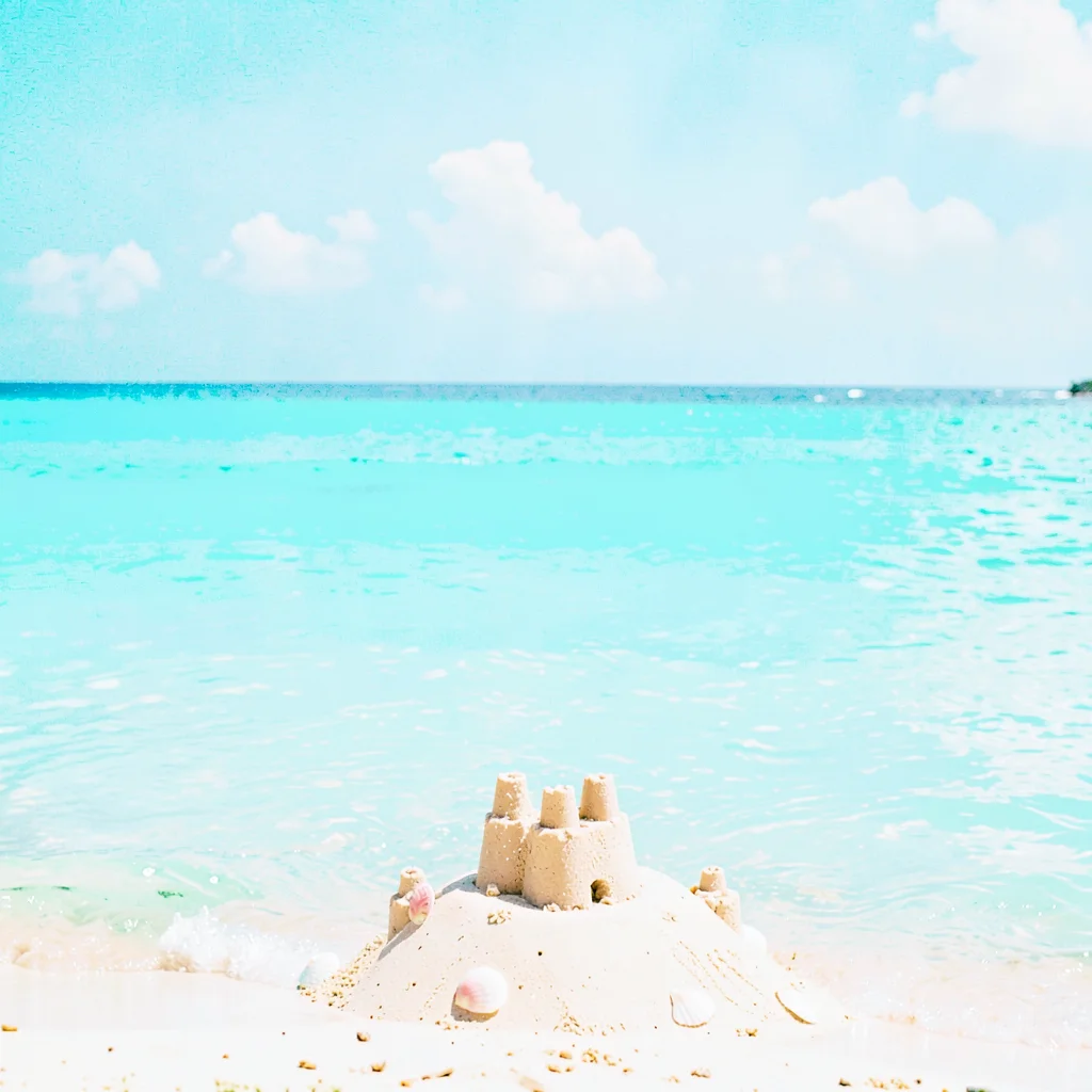 Expansive turquoise negative space, bleached whites, A childs sandcastle, simple