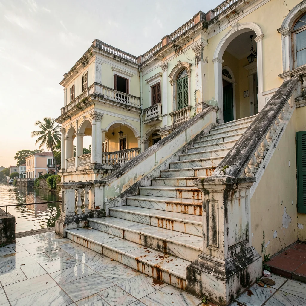 Soft morning light on faded colonial pastels, Saint-Louis Senegal, Former coloni
