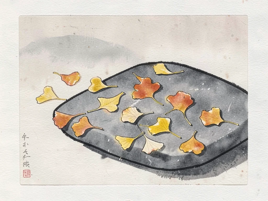 Autumn ginkgo leaves scattered on grey stone