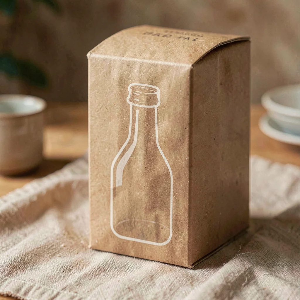 small-batch oat-milk carton in raw kraft paperboard with a glass-bottle-shaped s