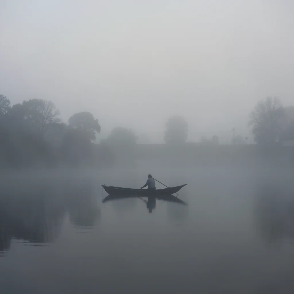 A lone boat on a lake in morning fog, the oarsman barely visible, the water and 