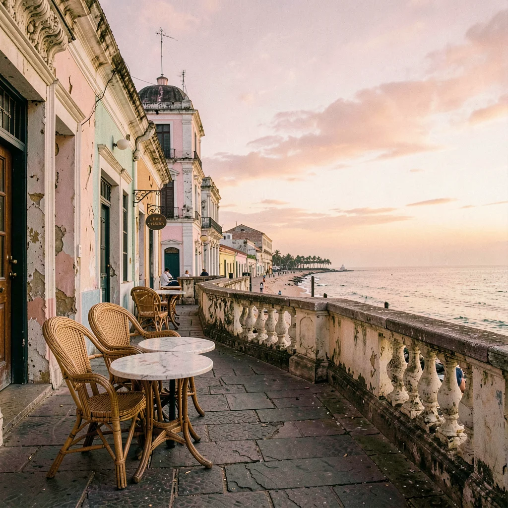 Faded pastel decay of Havana, Cuba, Hotel Nacional terrace, wicker chairs, ocean