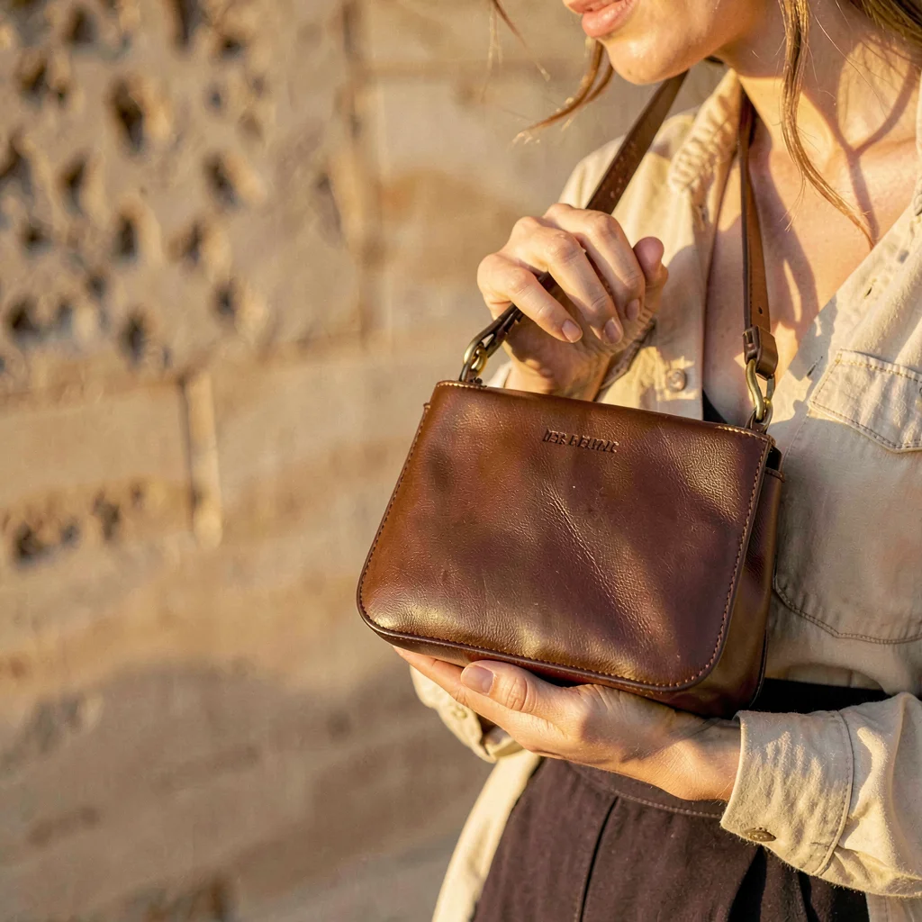 Warm vertical campaign of a small flap bag held loosely in a model's hand, golde