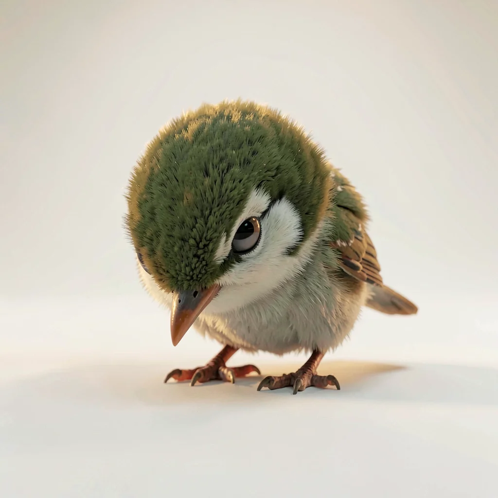 Tiny sparrow-friend bowing forward with beak tipped down toward an invisible off