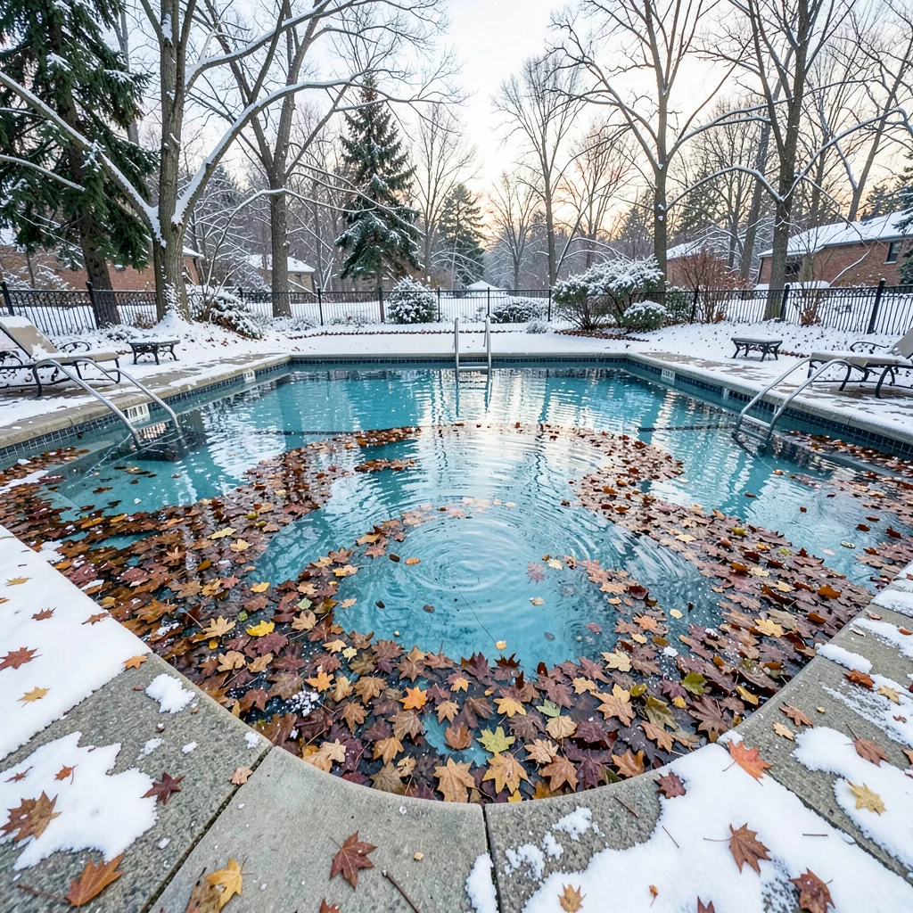 Outdoor swimming pool in winter, half-drained, autumn leaves collected in abstra