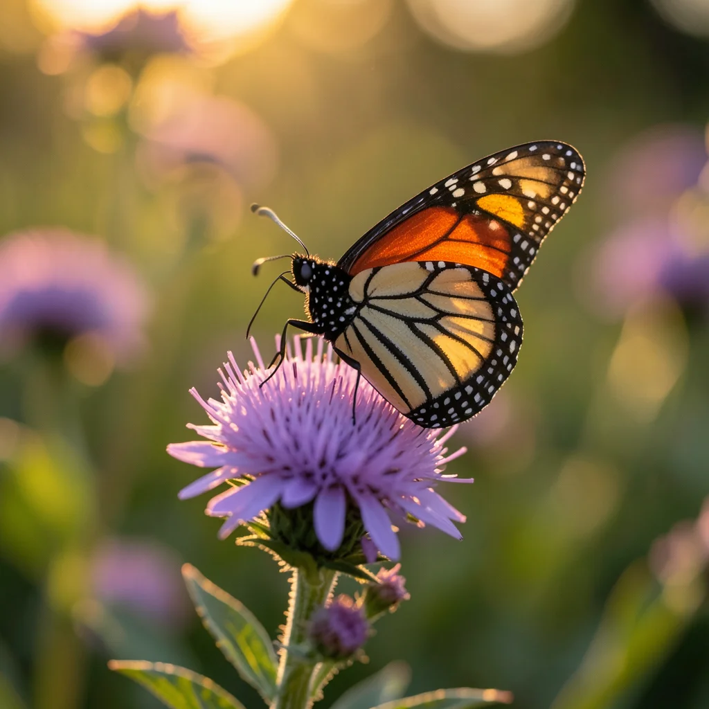 Macro shot of a monarch butterfly perched on a purple wildflower