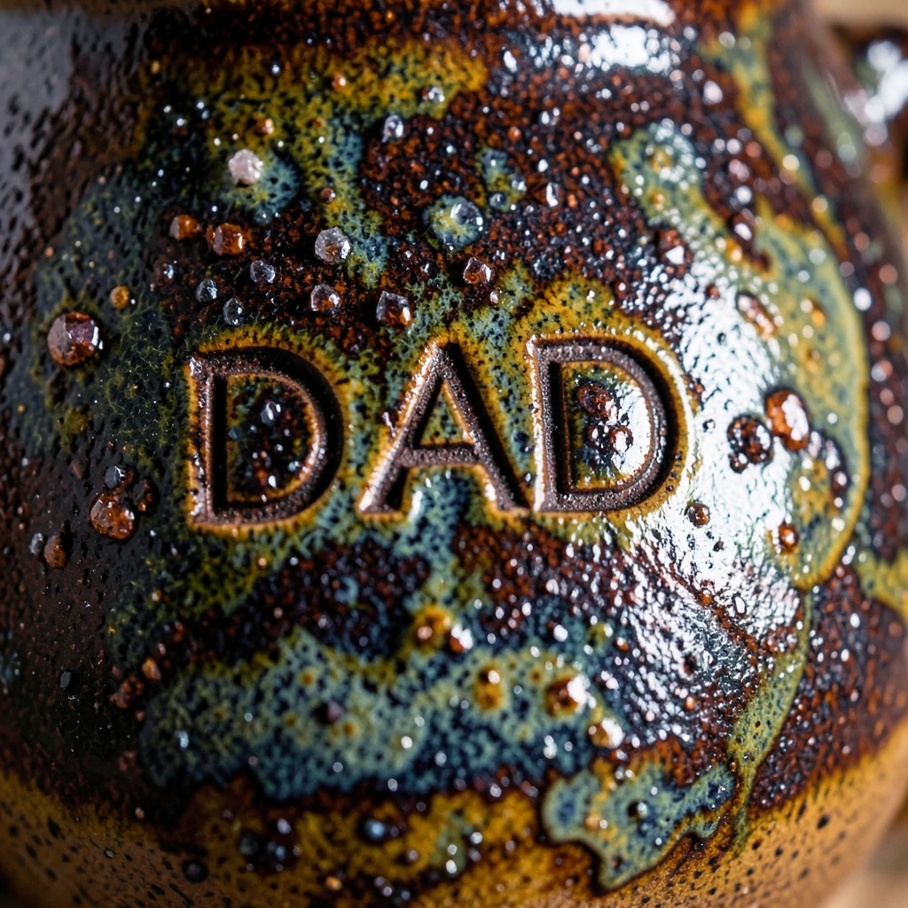 Sturdy stoneware mug with iron-rich dark glaze, "DAD" pressed into clay