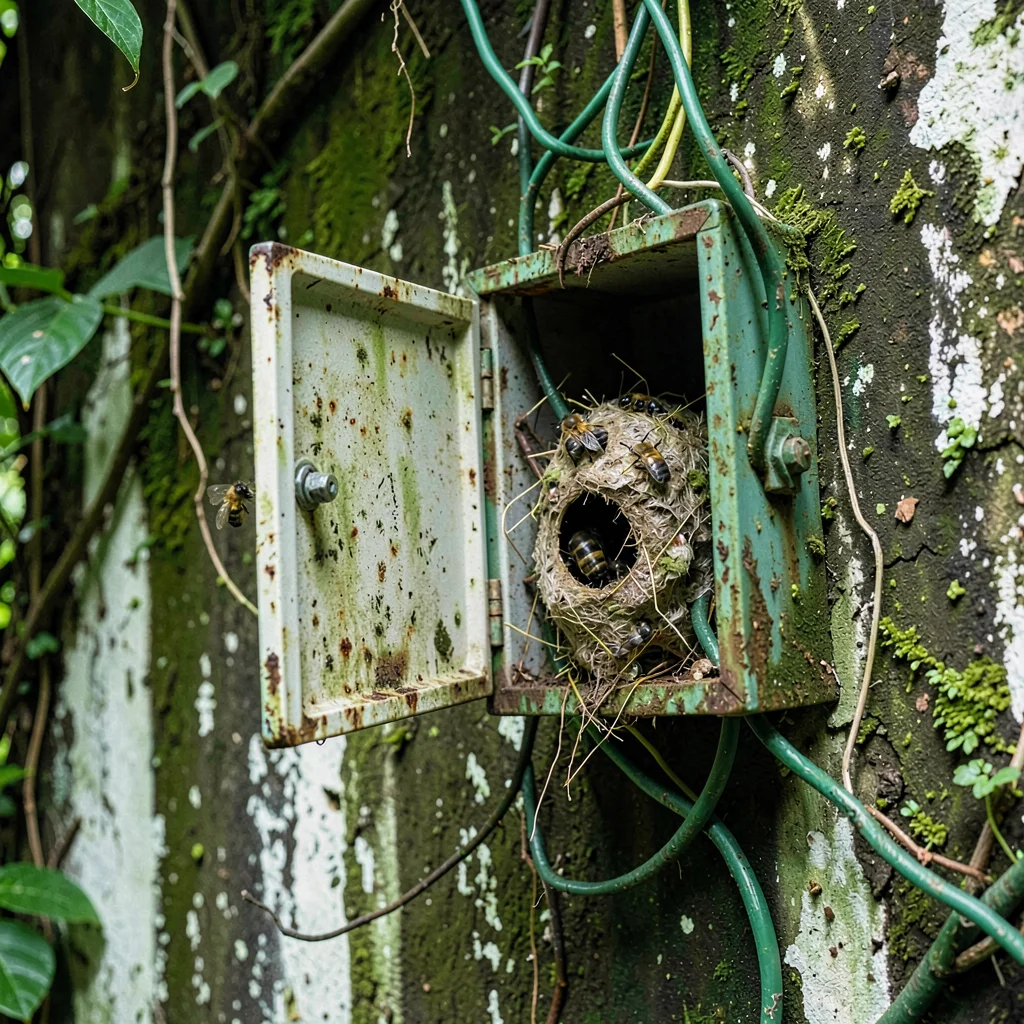 Tropical weathered surfaces, humid atmosphere, Old electrical box with door hang