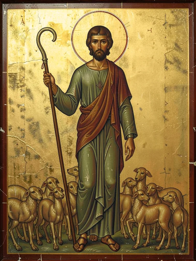 Shepherd with crook standing amid a flock, elongated formal pose